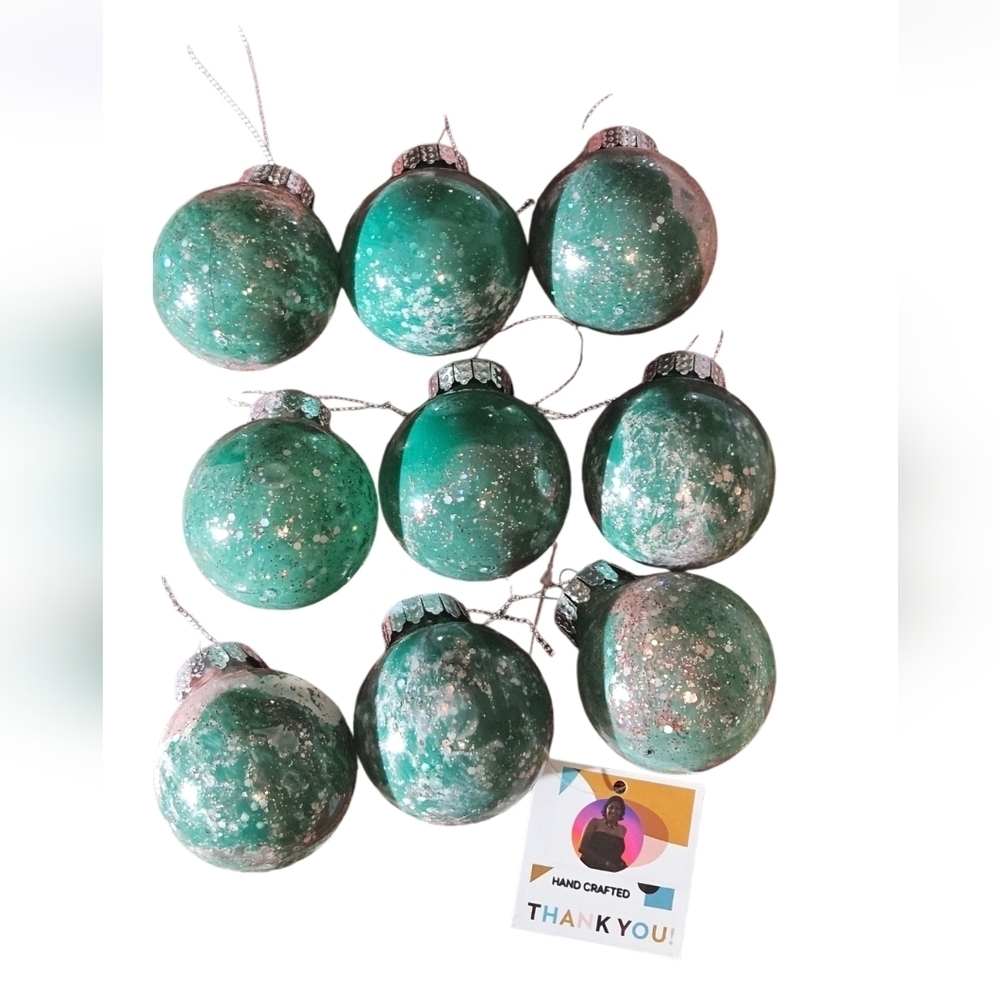 Hand Crafted Upcycled plastic Ornaments Acrylic Pour Abstract green holiday Set9